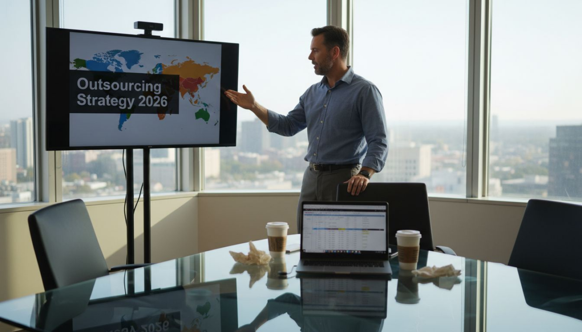 Manager presenting outsourcing strategy in office