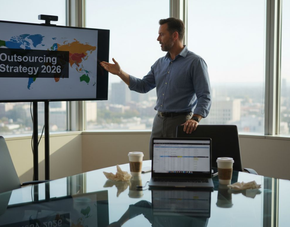 Manager presenting outsourcing strategy in office