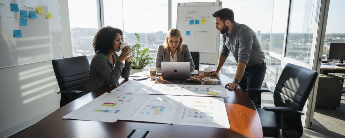 IT team reviewing project roadmap together