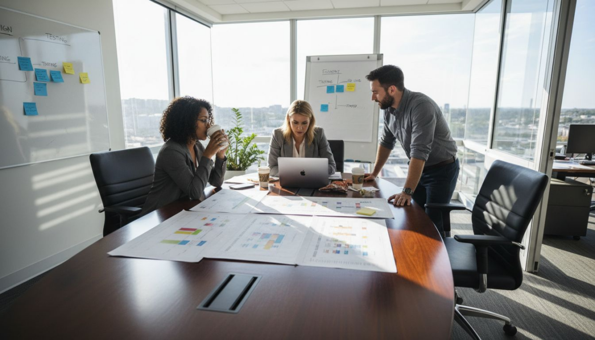 IT team reviewing project roadmap together