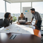 IT team reviewing project roadmap together