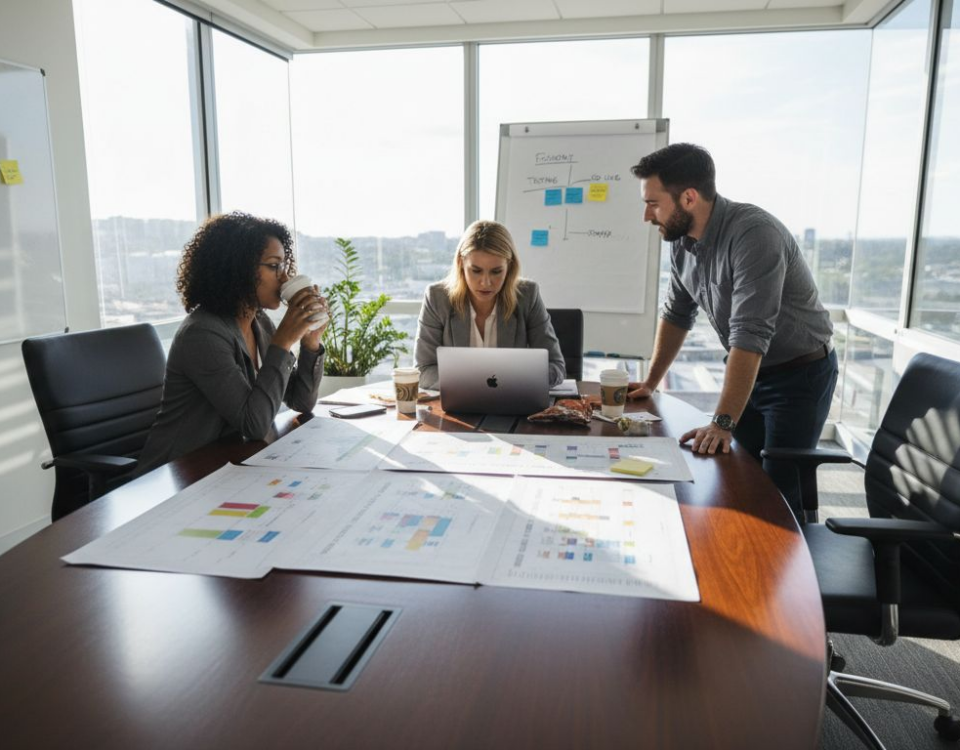 IT team reviewing project roadmap together