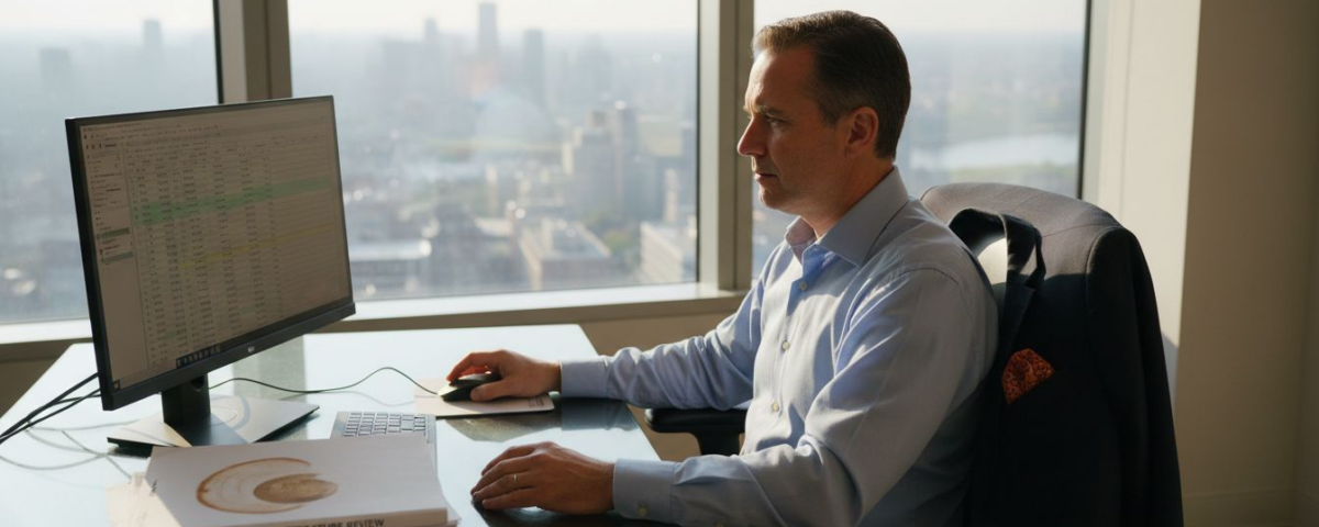 IT executive reviewing MSP spreadsheet in corner office