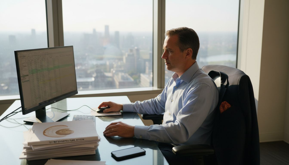 IT executive reviewing MSP spreadsheet in corner office