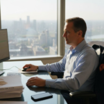 IT executive reviewing MSP spreadsheet in corner office
