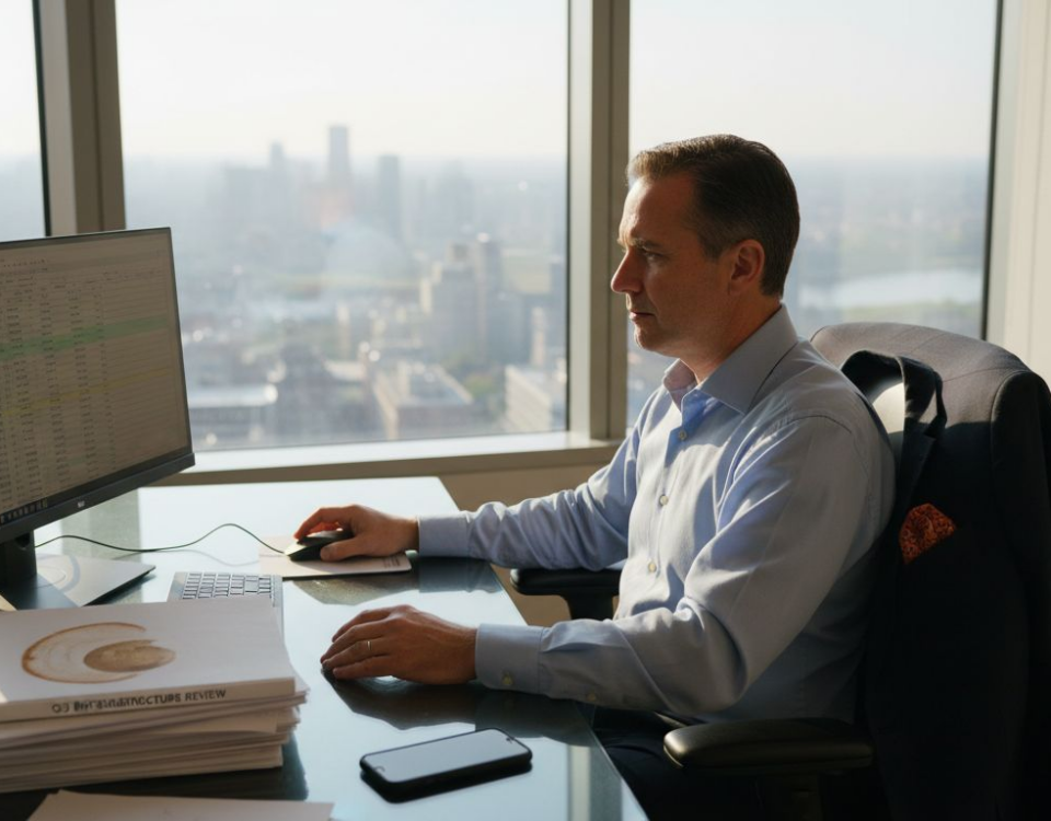 IT executive reviewing MSP spreadsheet in corner office