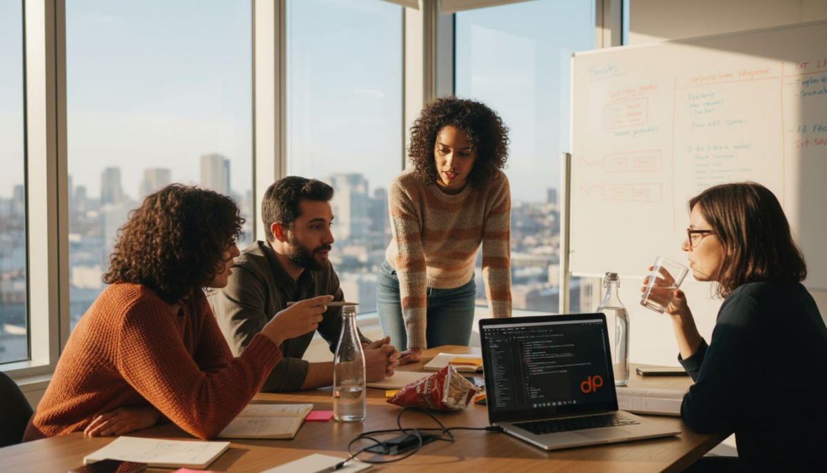 Dedicated development team collaborating in corner office
