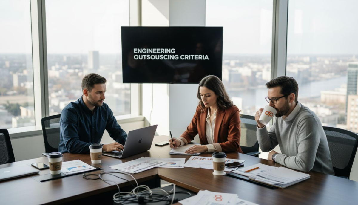 Executives reviewing engineering outsourcing partners
