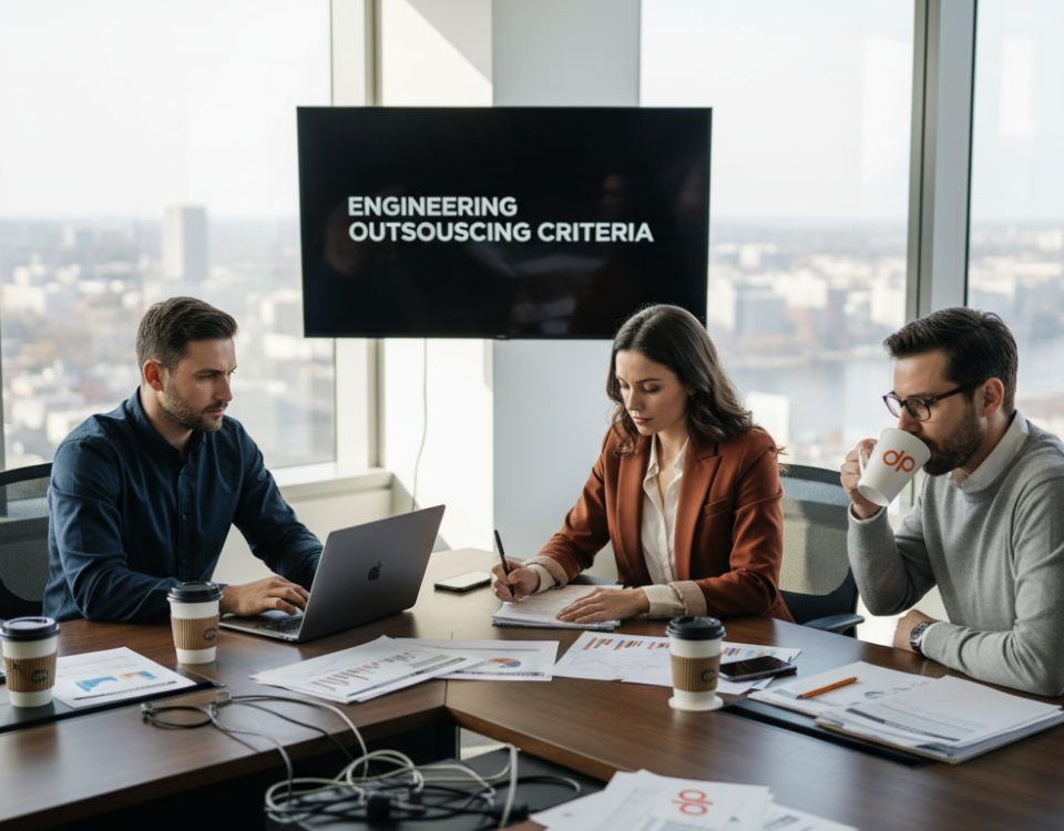 Executives reviewing engineering outsourcing partners