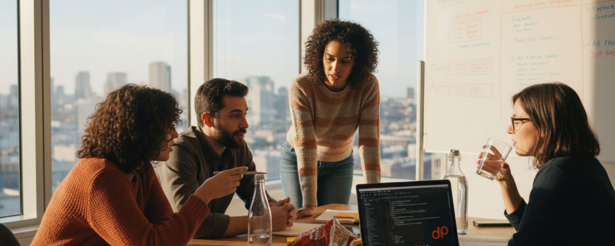 Dedicated development team collaborating in corner office