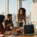 Dedicated development team collaborating in corner office