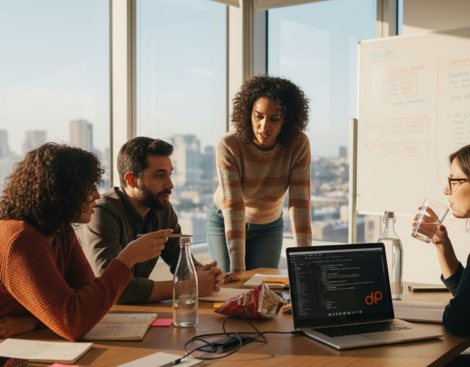 Dedicated development team collaborating in corner office