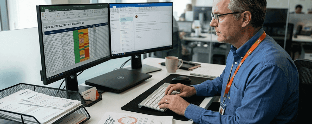 Senior IT manager reviewing security risk documents