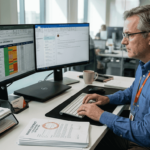 Senior IT manager reviewing security risk documents