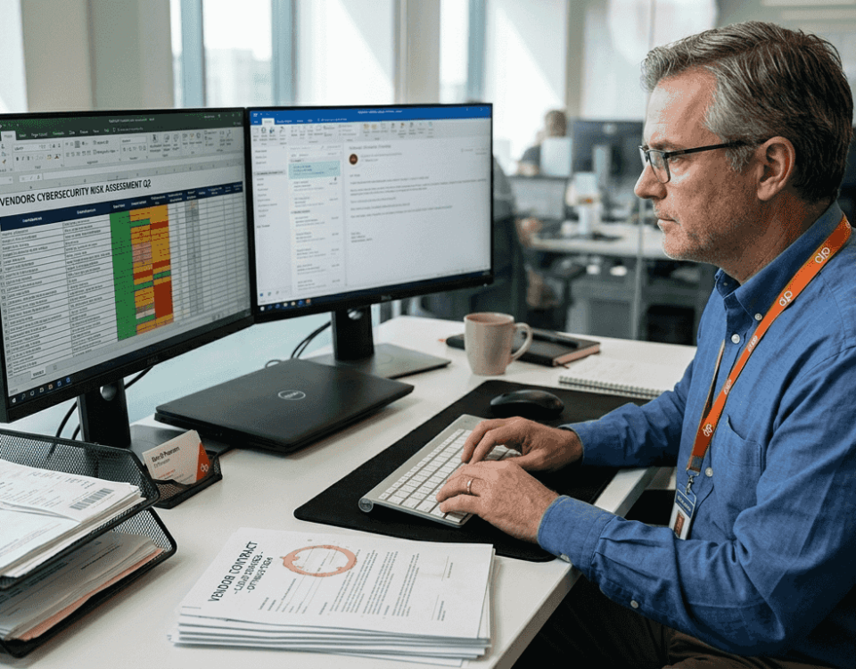 Senior IT manager reviewing security risk documents