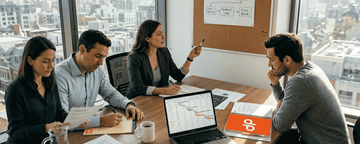 Executive team reviewing project documentation