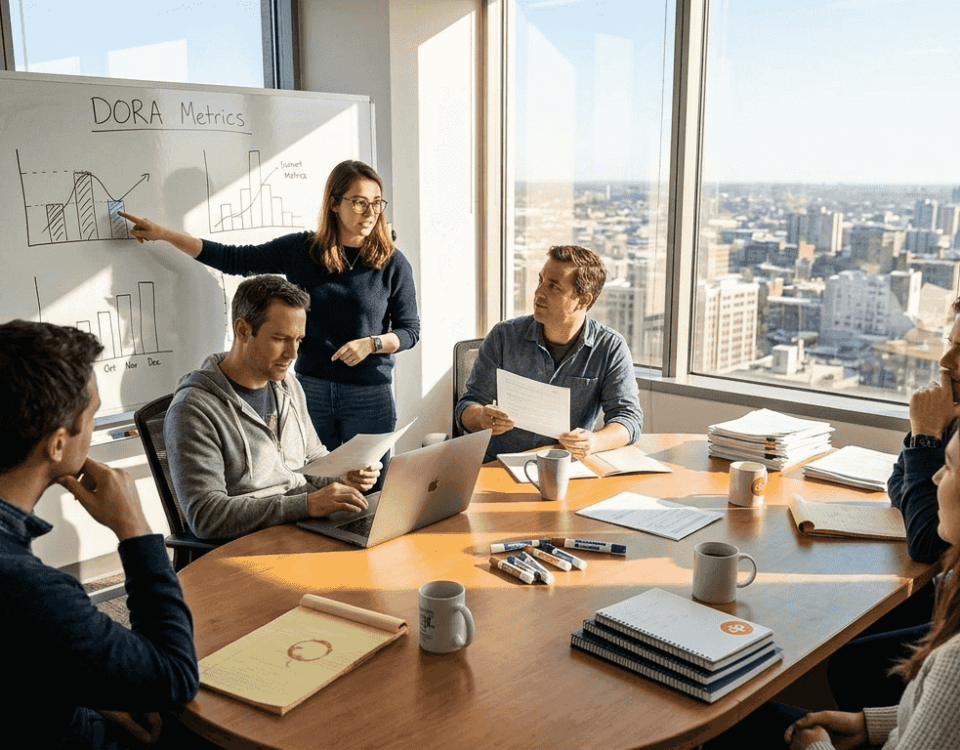 Engineering team discussing scalability benchmarks