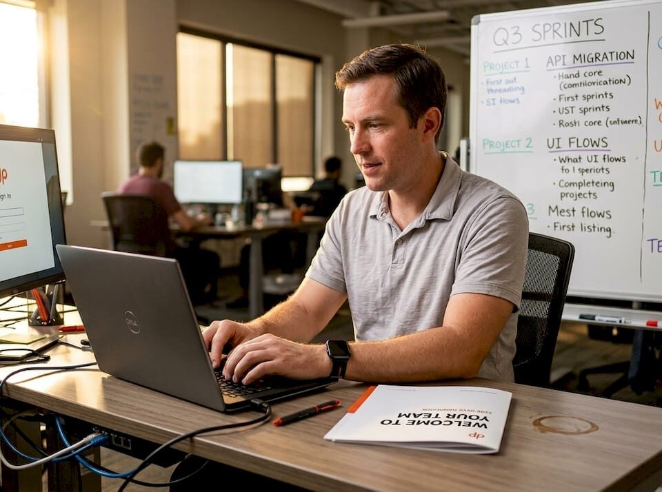 IT specialist beginning onboarding at company desk