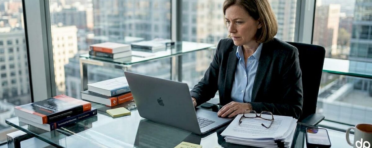 CTO reviewing cloud outsourcing plan at office desk