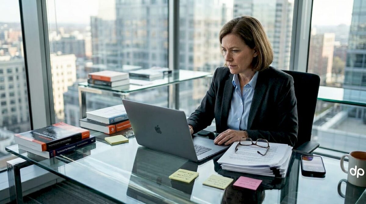 CTO reviewing cloud outsourcing plan at office desk