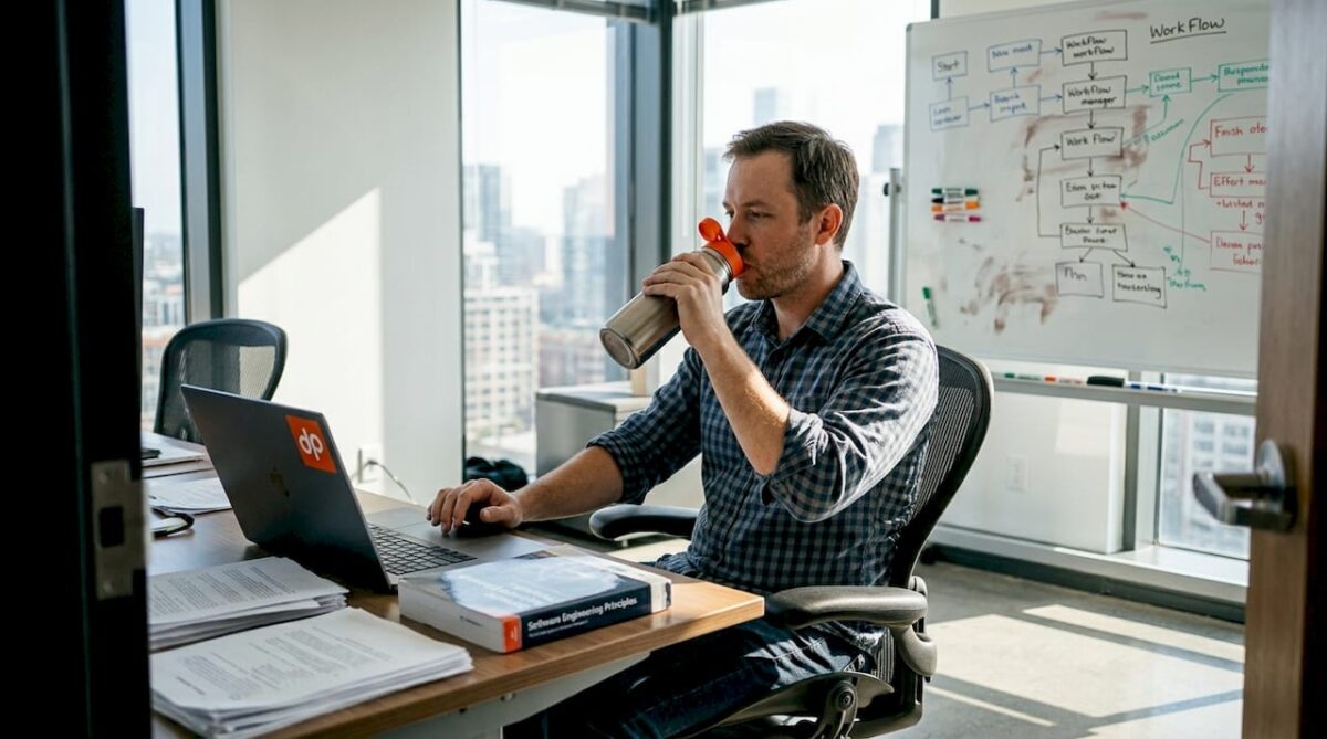 Engineering manager reviews workflow schedule in office