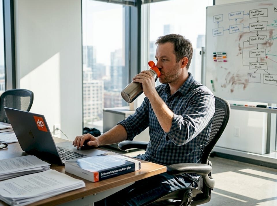 Engineering manager reviews workflow schedule in office