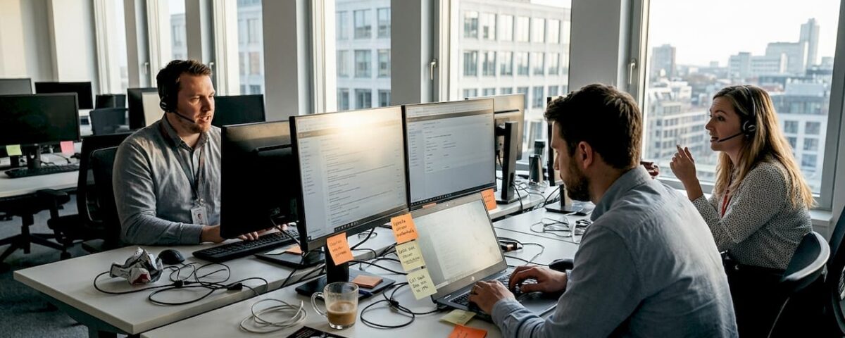 Support team working in busy office environment