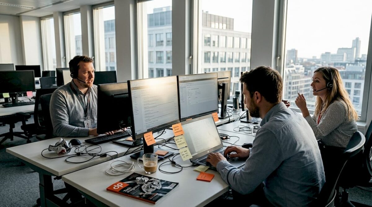 Support team working in busy office environment