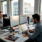 Support team working in busy office environment