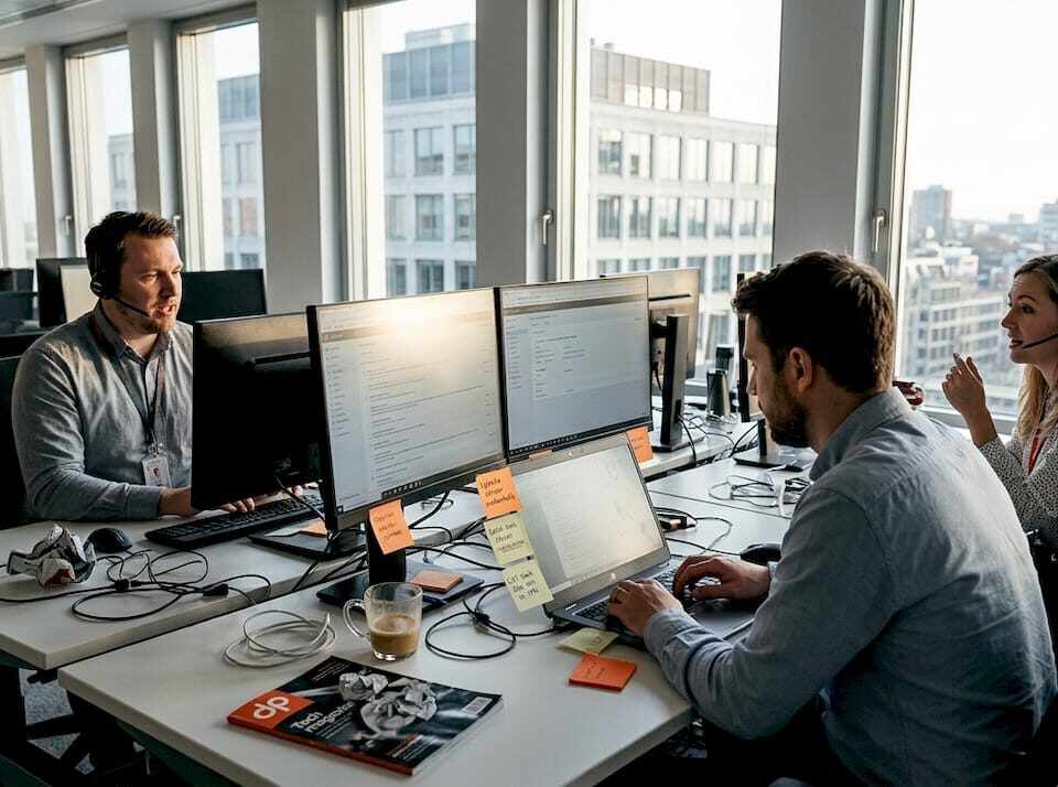 Support team working in busy office environment