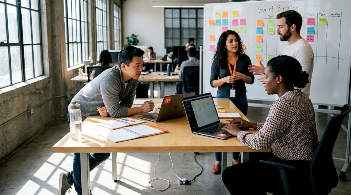 Agile IT team working on project sprint