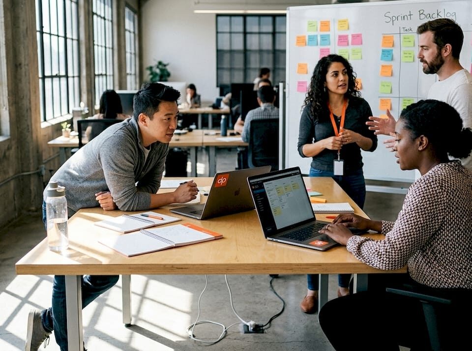 Agile IT team working on project sprint