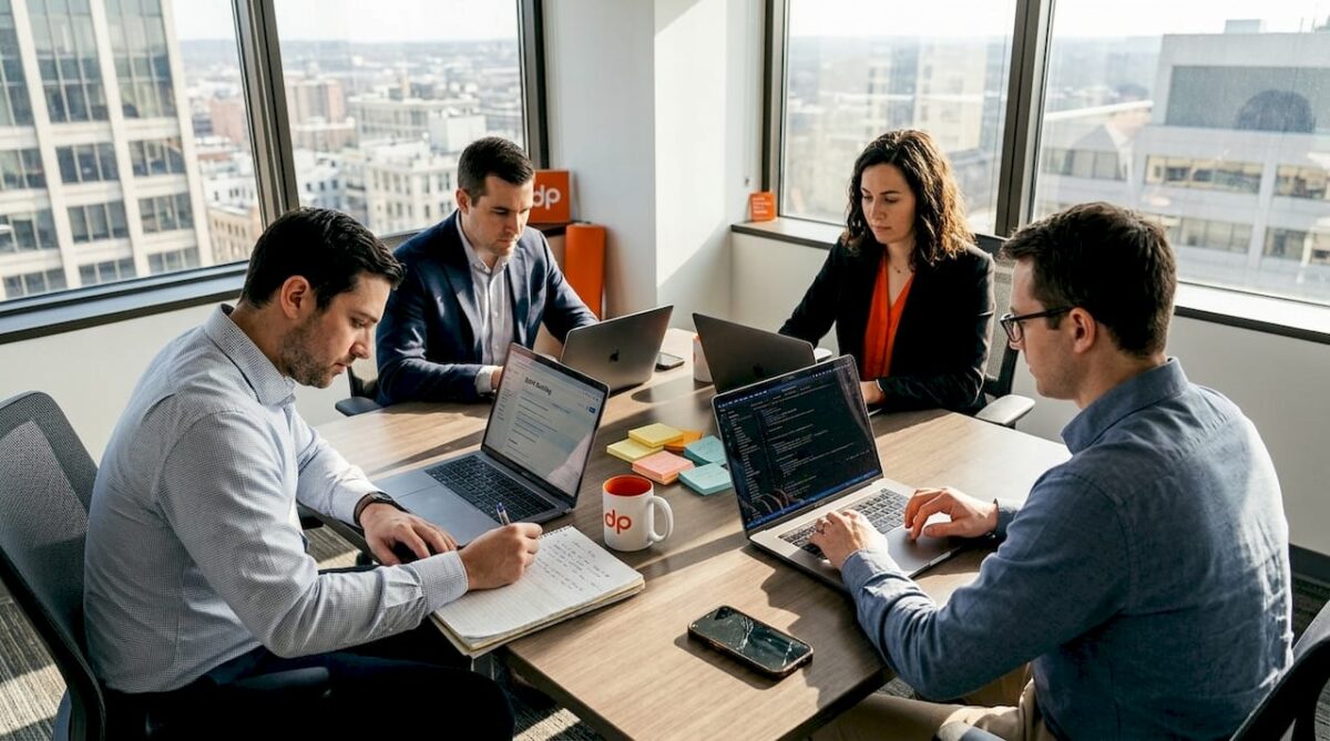 Team collaborating in corner office workspace