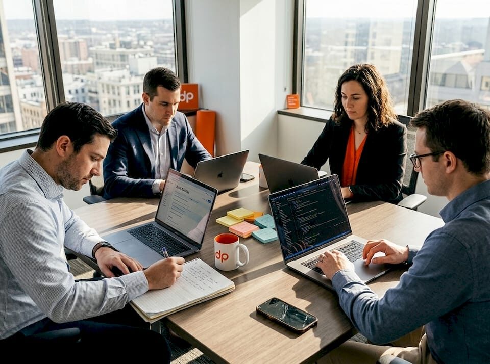 Team collaborating in corner office workspace