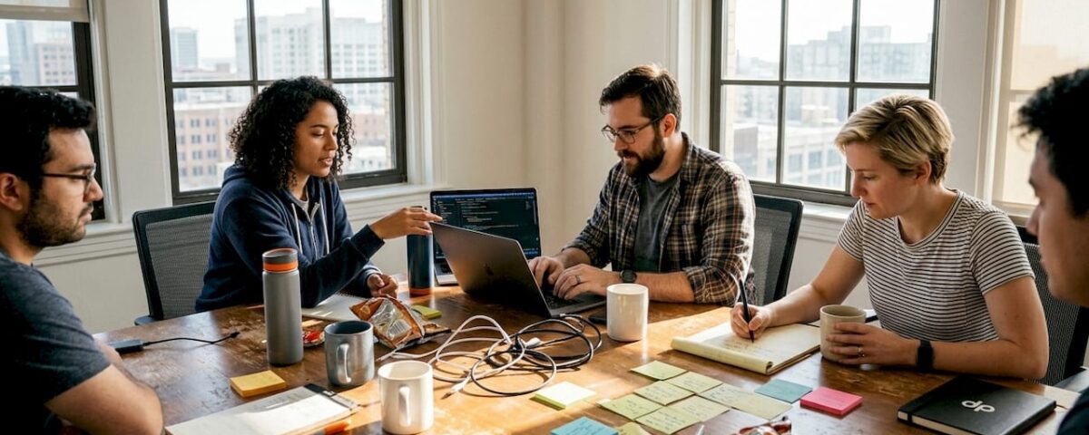 Engineering team collaborating in corner office