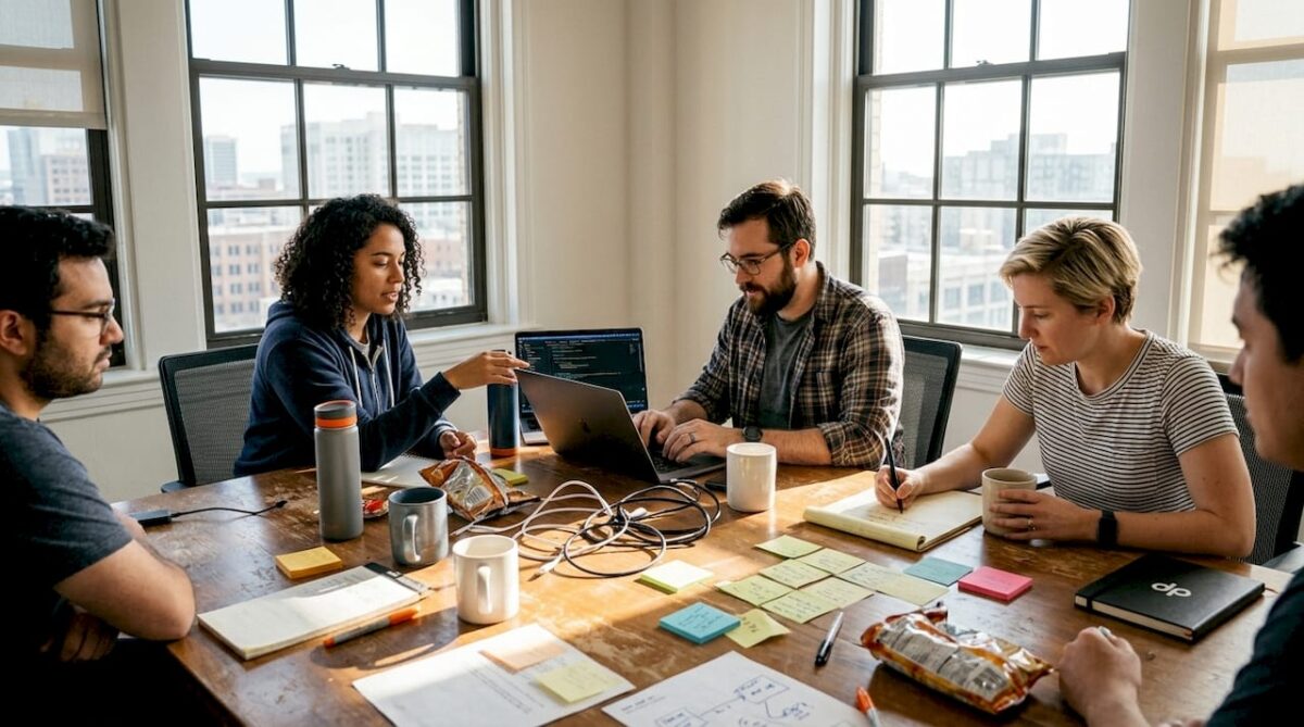 Engineering team collaborating in corner office
