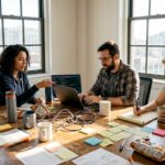 Engineering team collaborating in corner office
