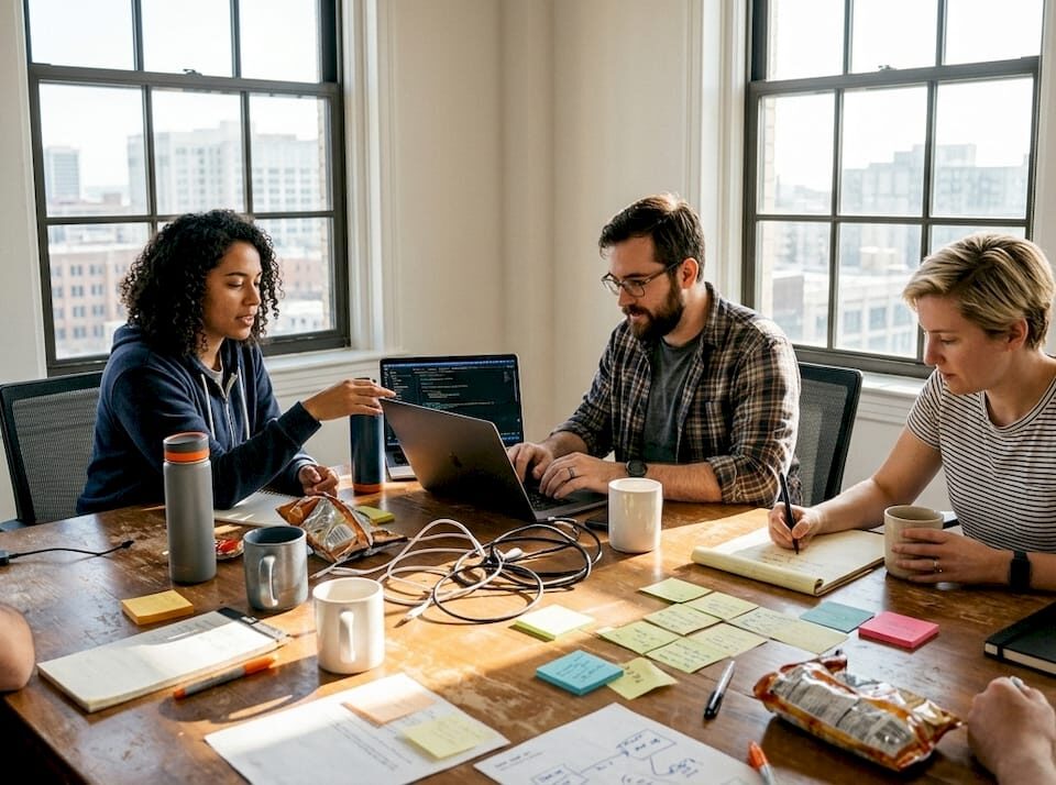 Engineering team collaborating in corner office
