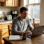 Remote worker in home kitchen workspace during video call
