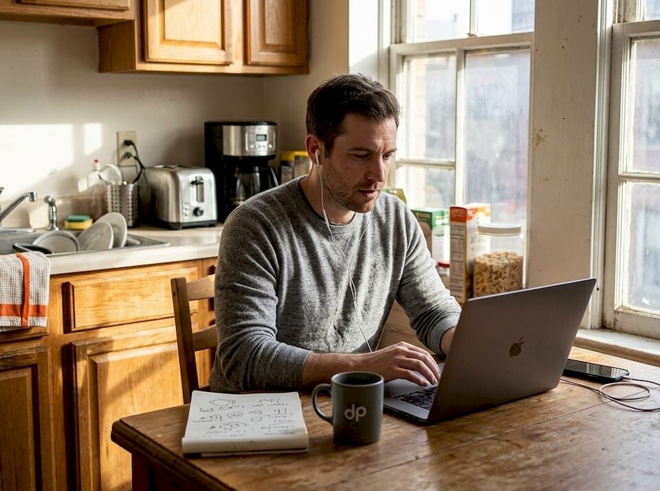 Remote worker in home kitchen workspace during video call