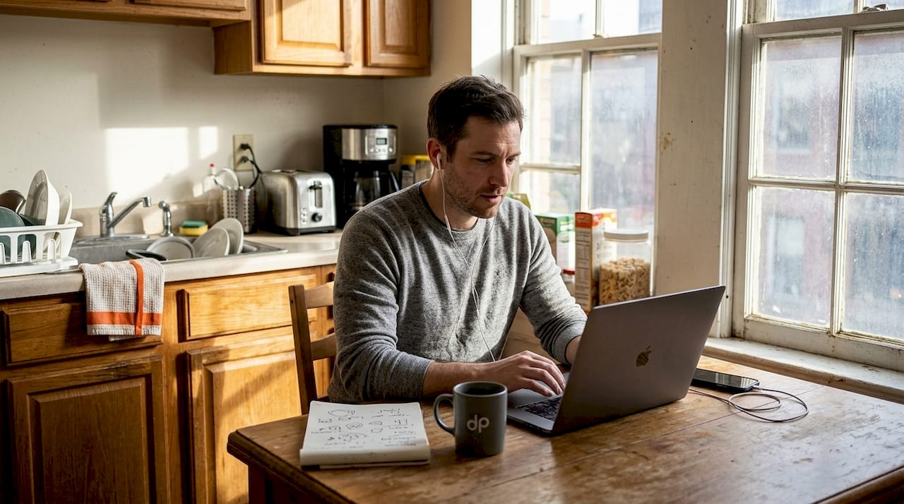 Remote worker in home kitchen workspace during video call