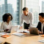 Business team comparing software alternatives at conference table