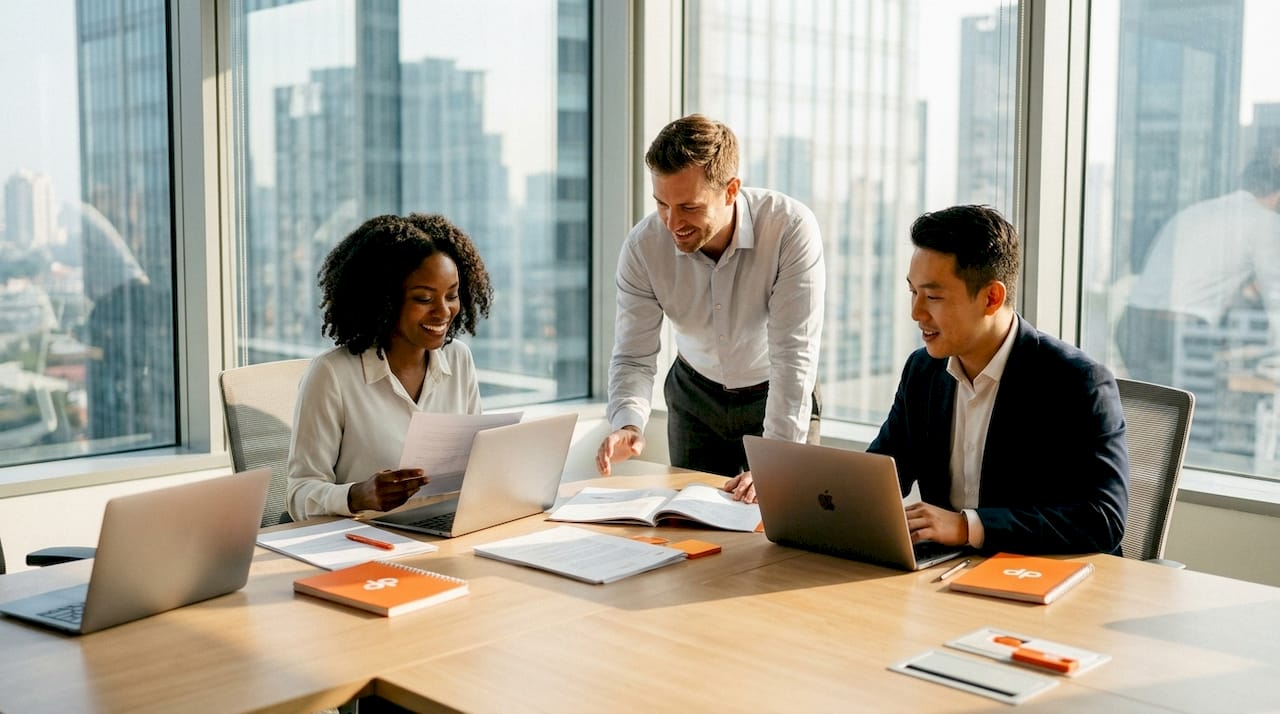 Business team comparing software alternatives at conference table