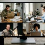 Remote engineers collaborating from home workspaces