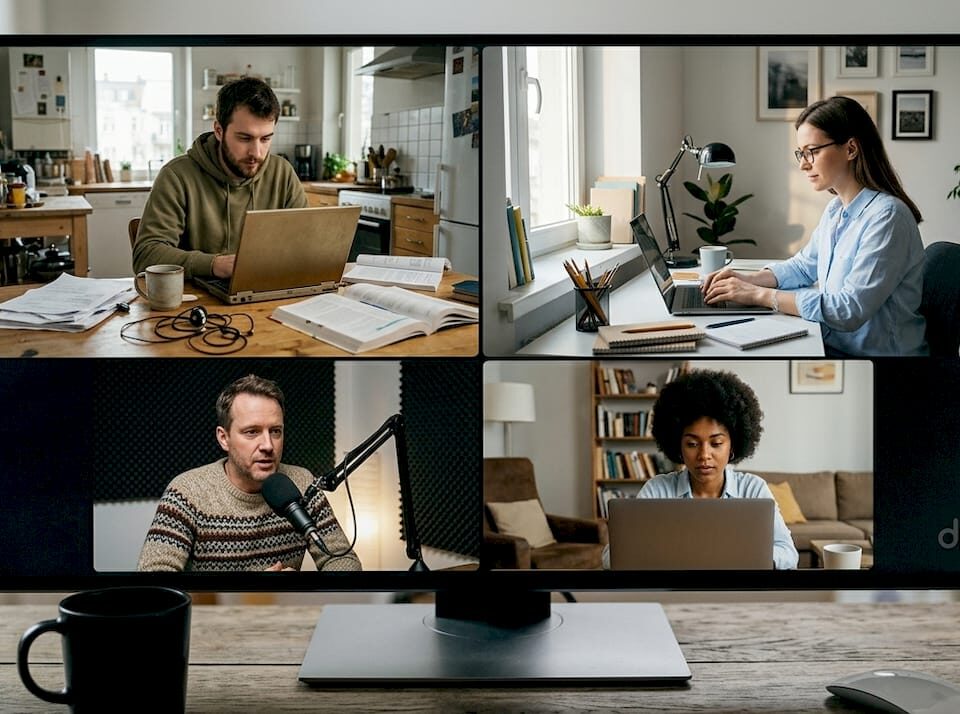 Remote engineers collaborating from home workspaces