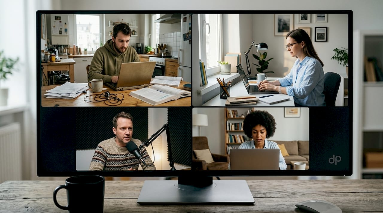 Remote engineers collaborating from home workspaces