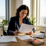 Executive reviewing service agreement at meeting table