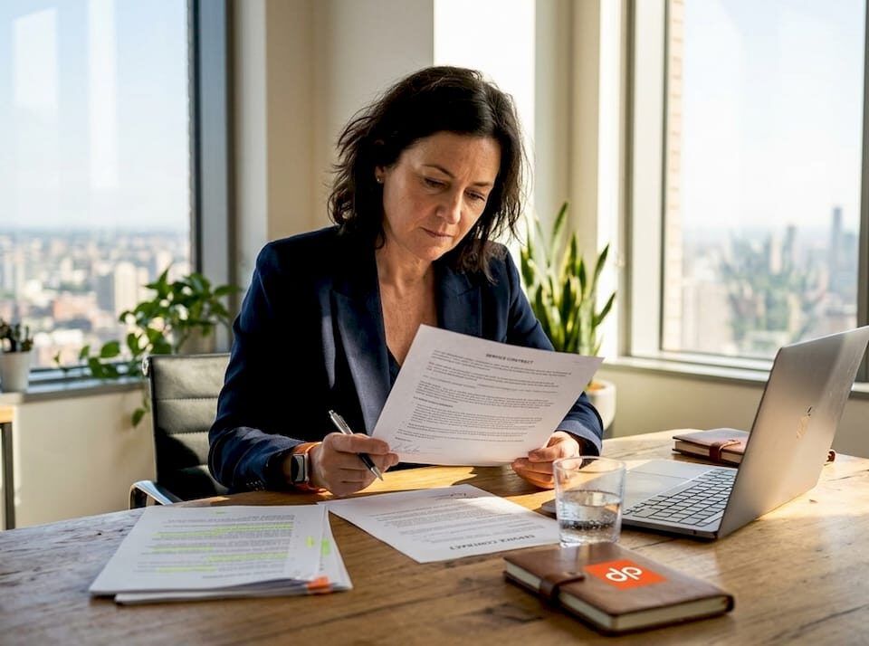 Executive reviewing service agreement at meeting table