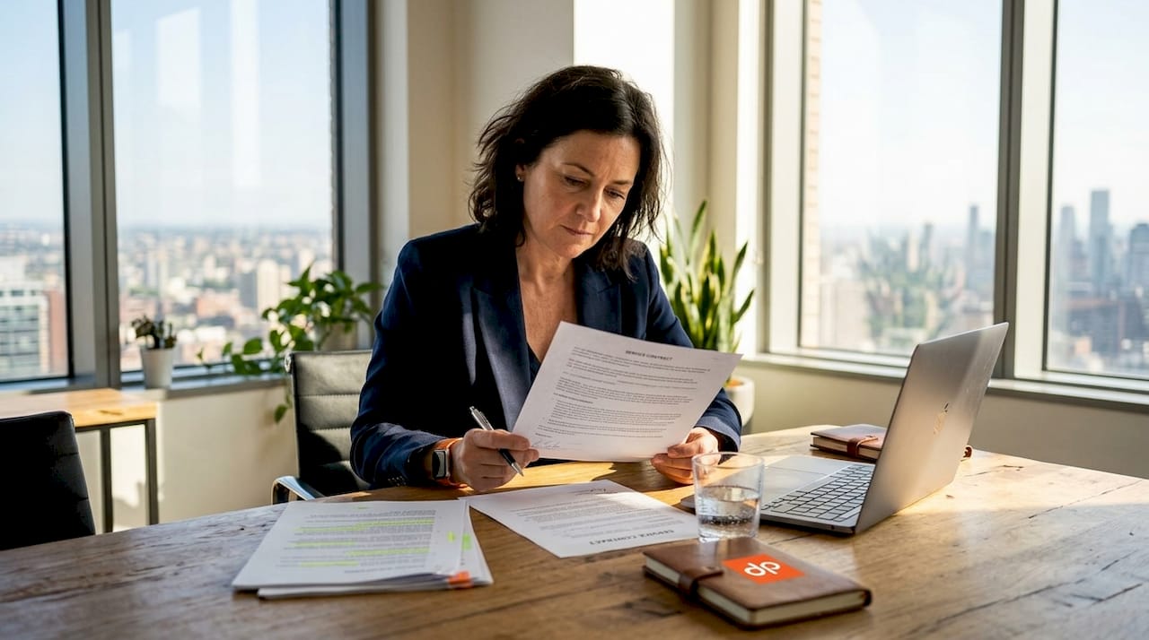 Executive reviewing service agreement at meeting table