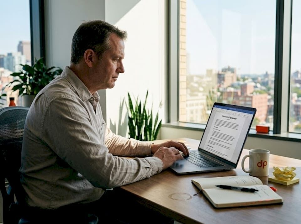 IT manager reviewing SLA contract in office